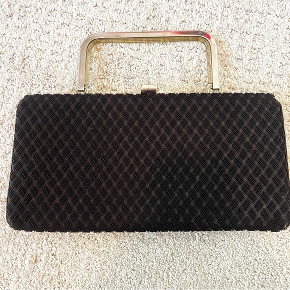 Vintage Womens Black Handbag Lucite Handle Retro Mid Century 50s 60s Structured - Picture 1 of 15